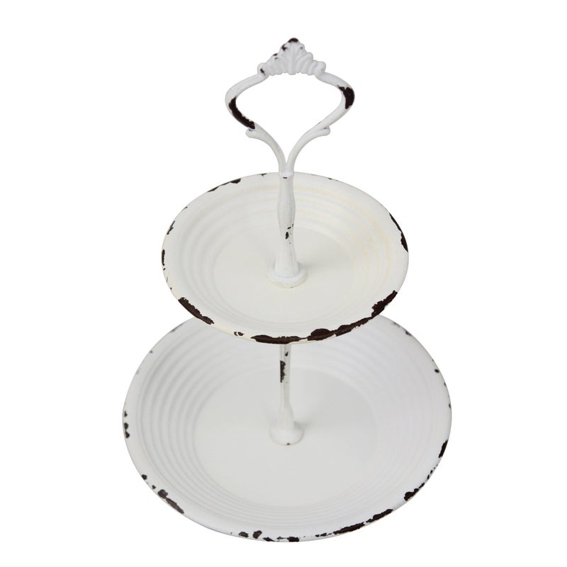 Stonebriar Small 2 Tier Worn White Metal Tray, Rustic Farmhouse Decor, Tiered Jewelry Tray for Vanity or Bathroom, 9.25" - Image 4
